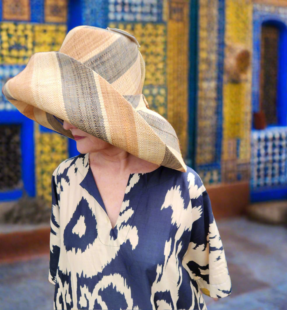 Madagascar Sun Hat Multicolor Latte Stripes - 7 Inch Brim