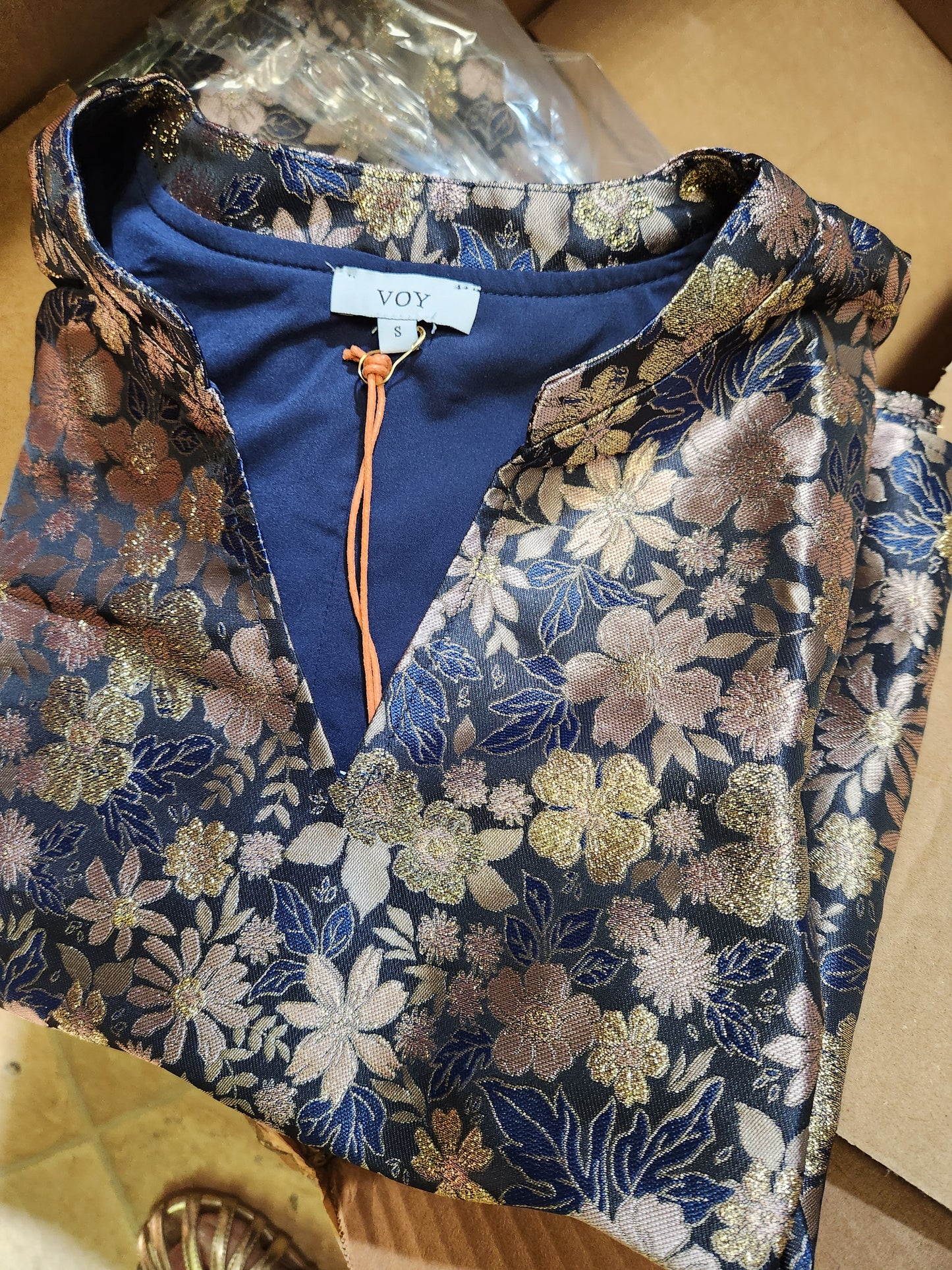 Floral metallic navy blue Jaquared blouse