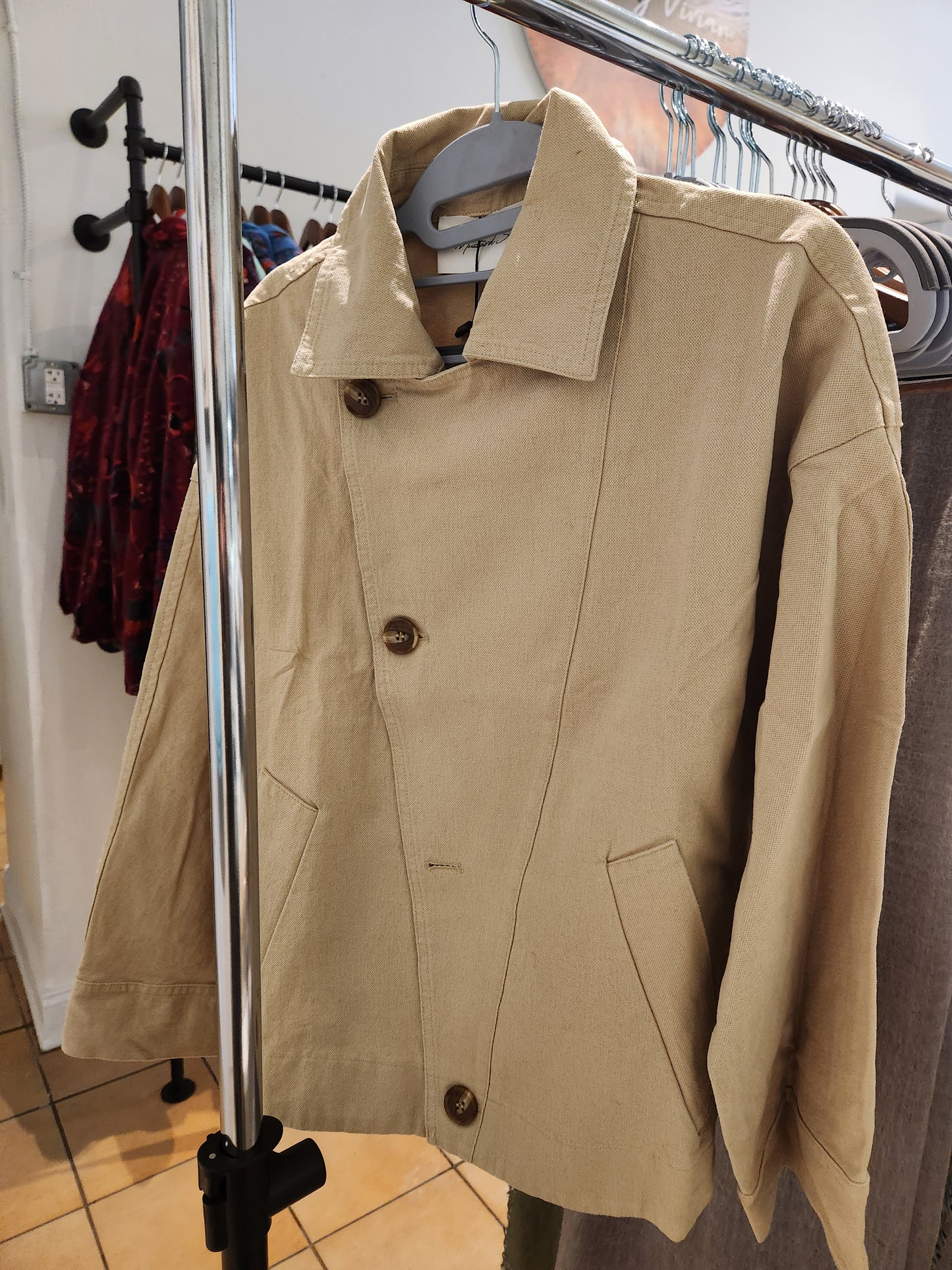 ASYMMETRIC BUTTON CLOSURE CANVAS JACKET BEIGE
