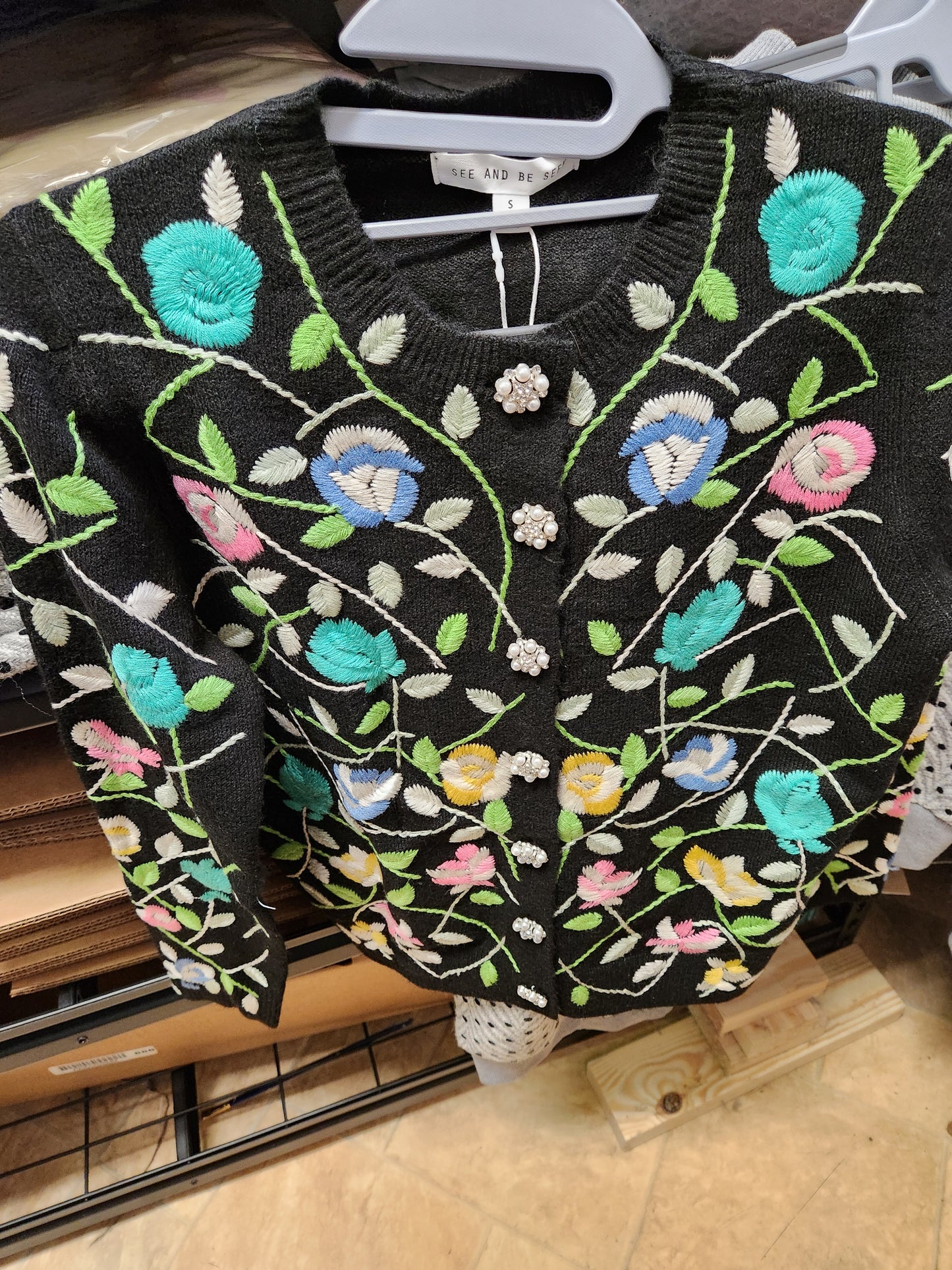 Embroidered black and colorful flowers,pearl/rhinestone button sweater