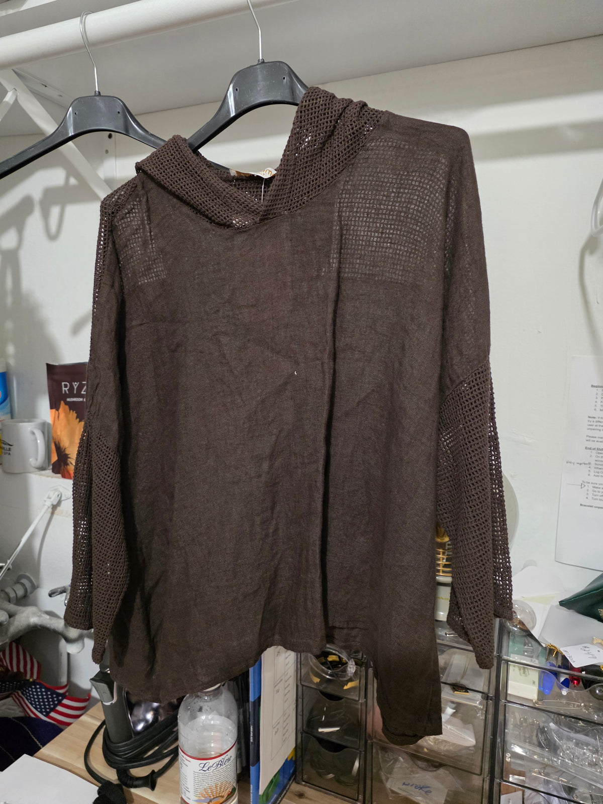 Woven netting and linen hoody shirt