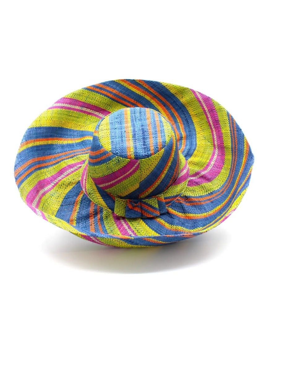 Madagascar Sun Hat Multicolor Turquoise and Lime Stripes - 7 Inch Brim