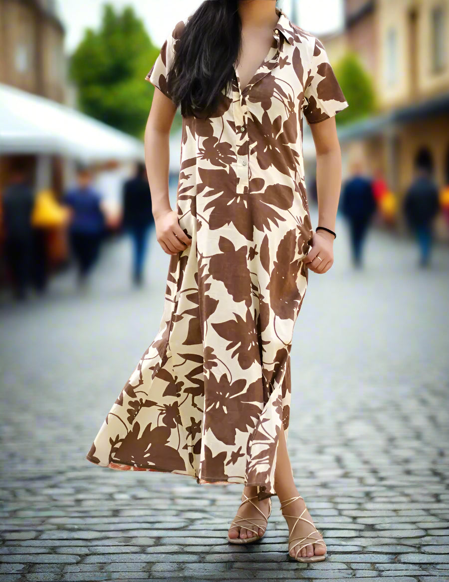 Bold Floral Pullover Dress - Mocha and Beige