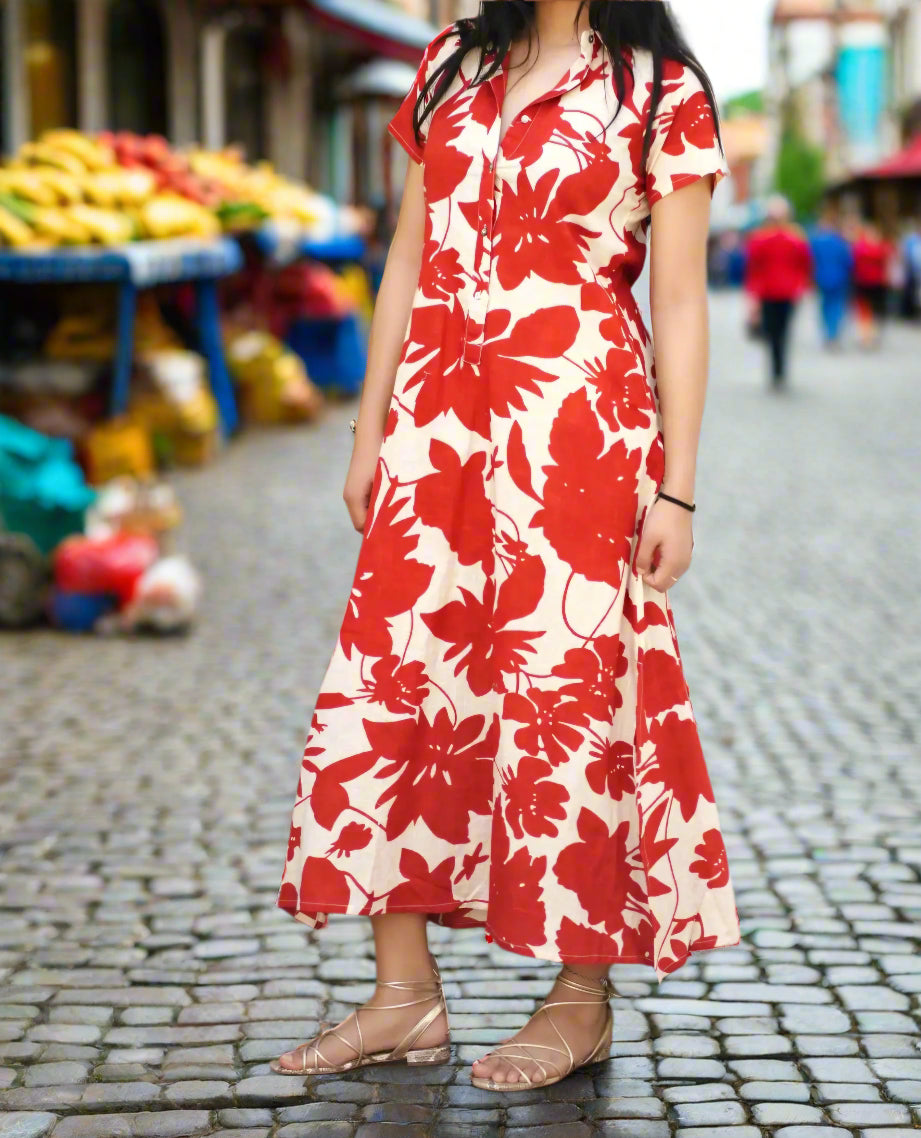 Bold Floral Pullover Dress - Rust Red and Beige