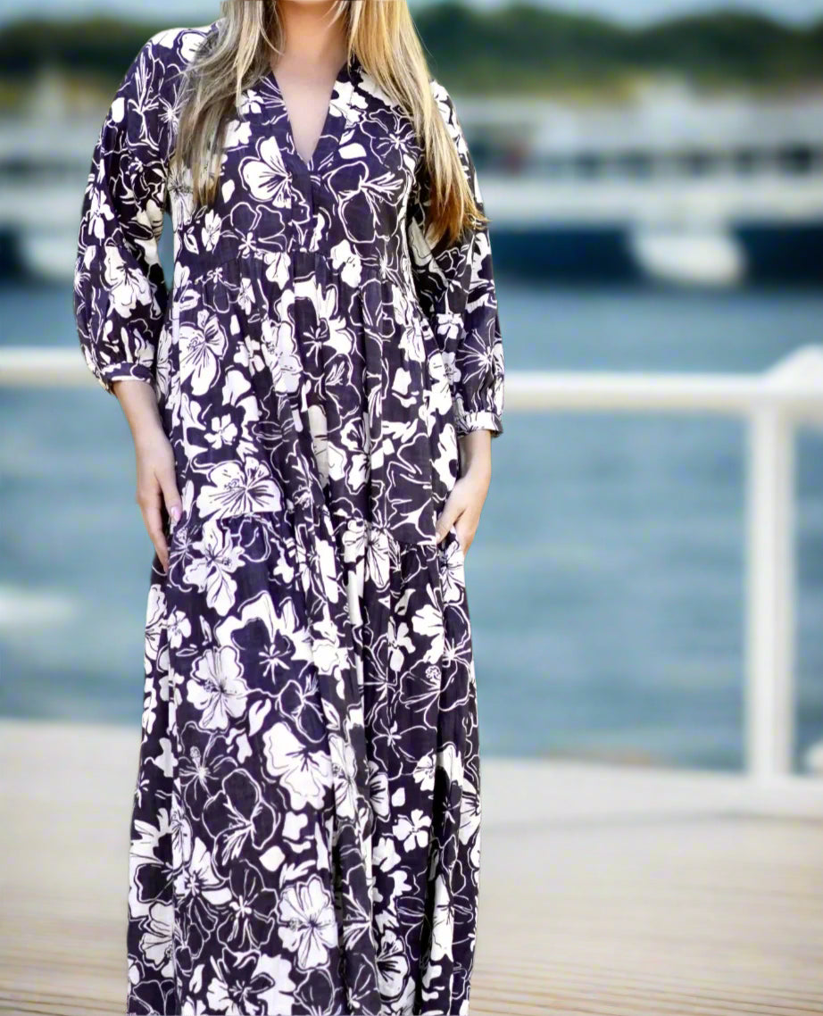 Black and Beige Block Print Floral Maxi Dress