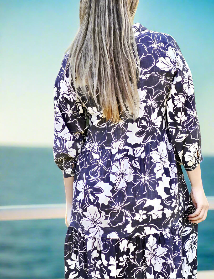 Black and Beige Block Print Floral Maxi Dress