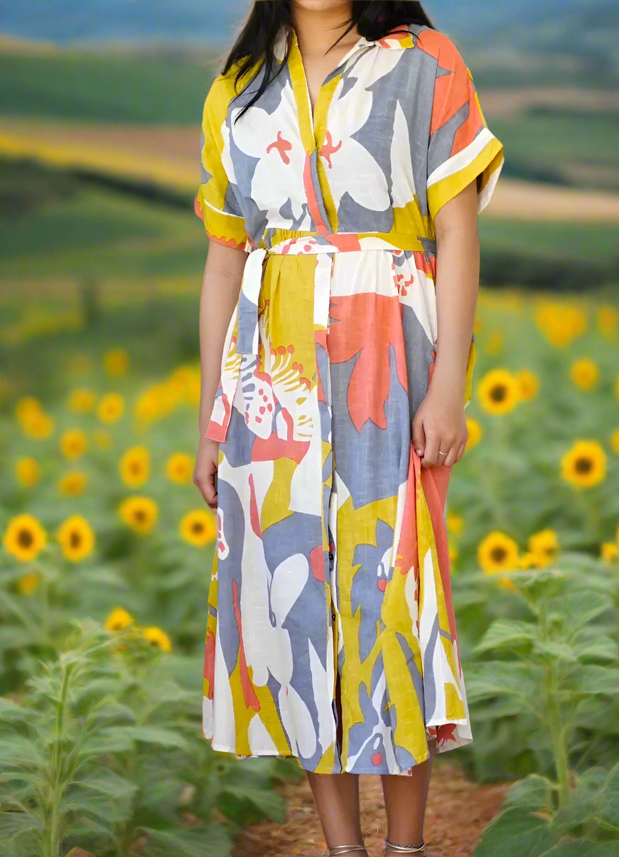 Block Print Flower Shirt Dress Sunset tones
