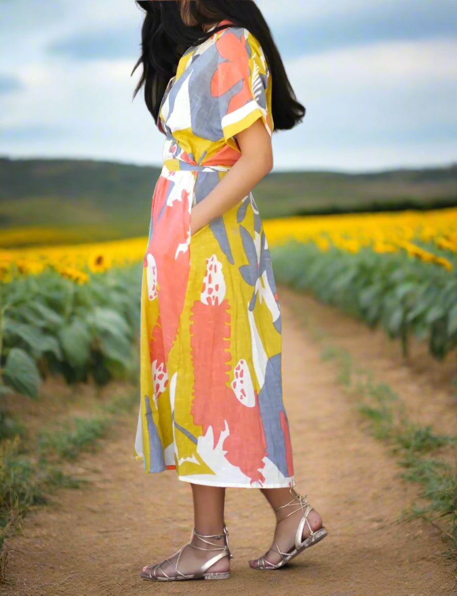 Block Print Flower Shirt Dress Sunset tones