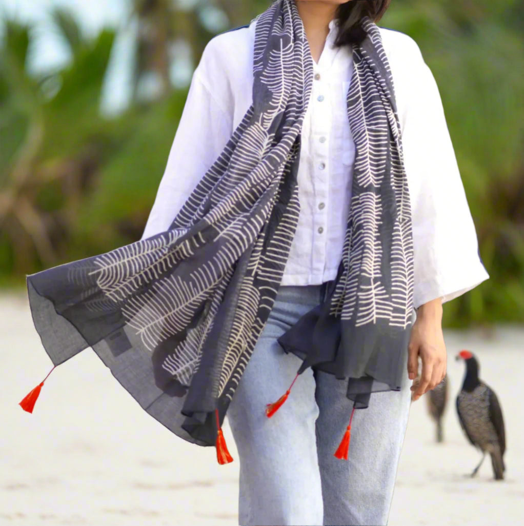 Feather Block Print Scarf with Tassels