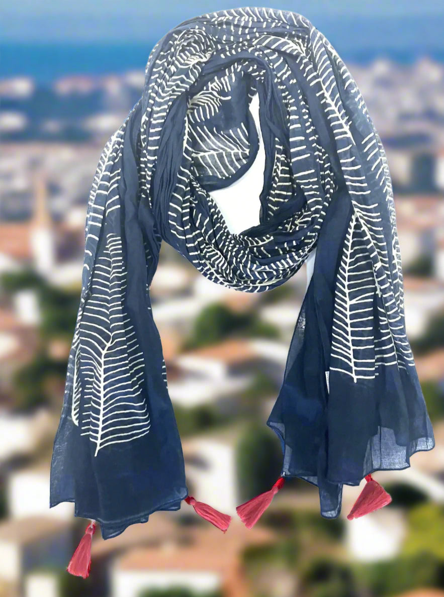 Feather Block Print Scarf with Tassels