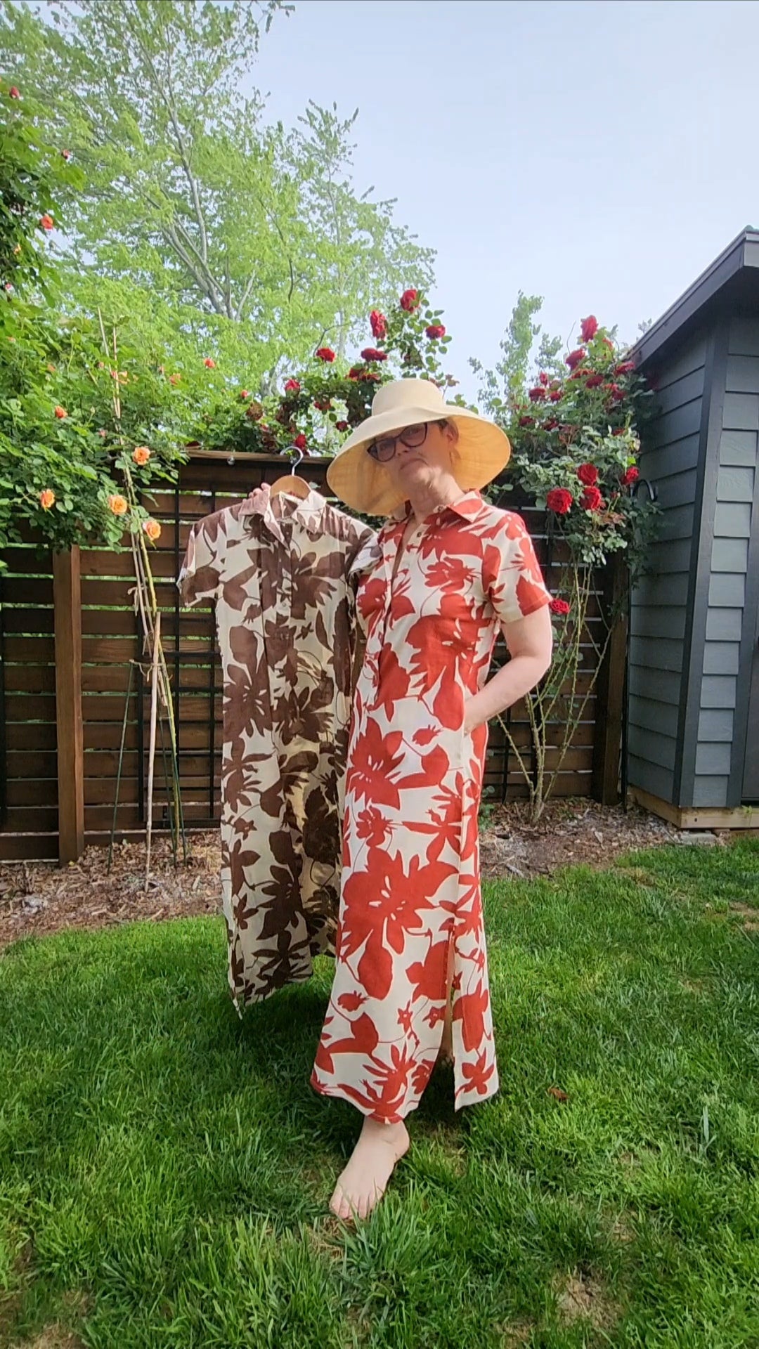 Bold Floral Pullover Dress - Mocha and Beige