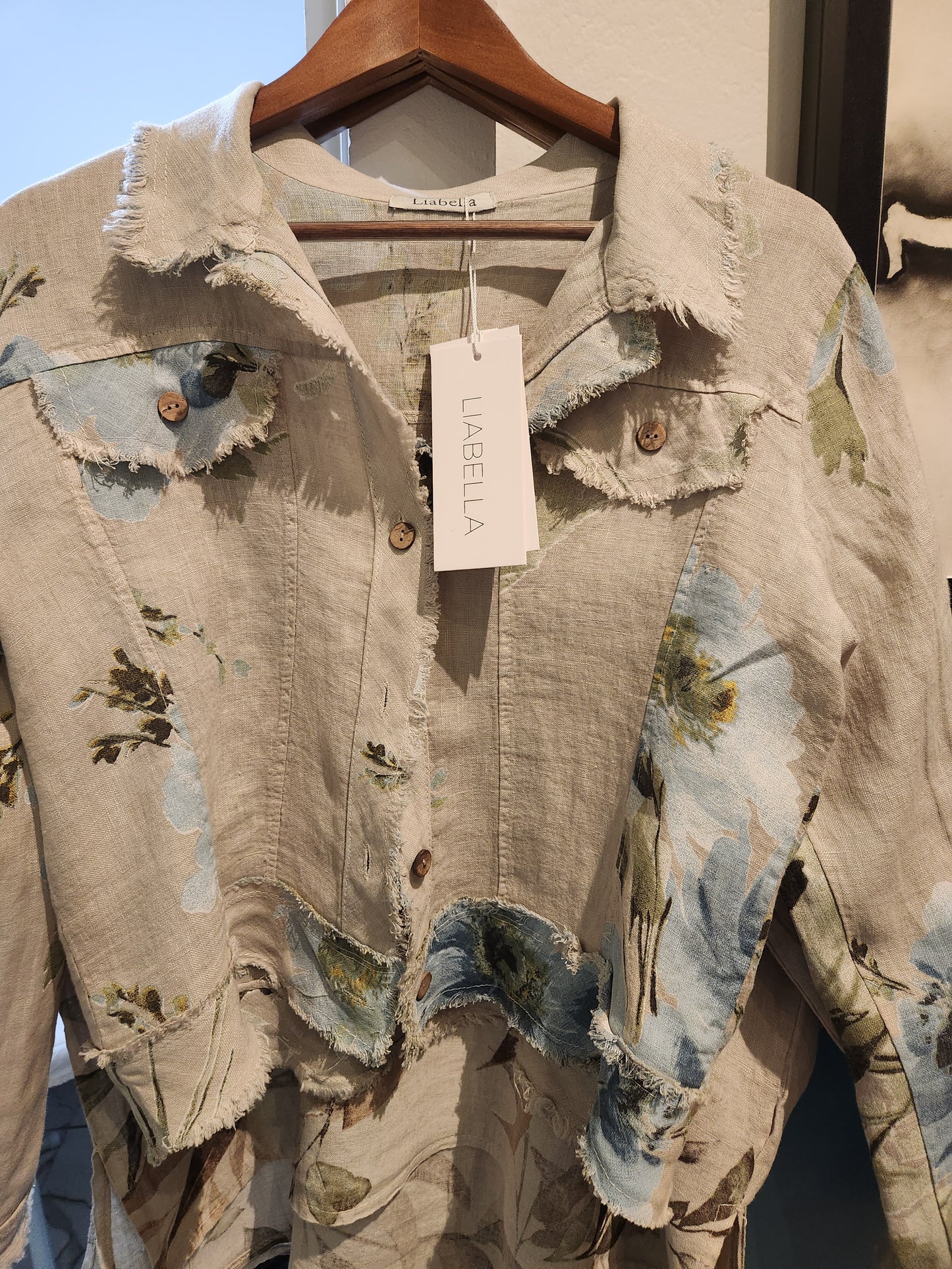 Italian linen tan, blue floral jacket