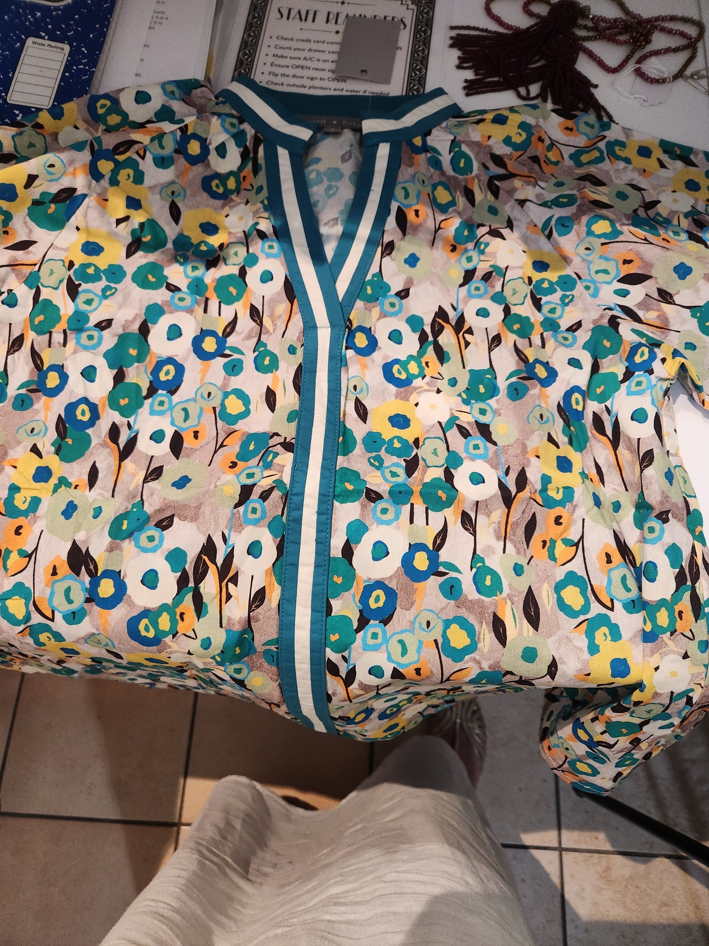 Aqua/cream with floral detail shirt