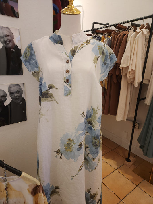 Italian linen white, blue floral dress
