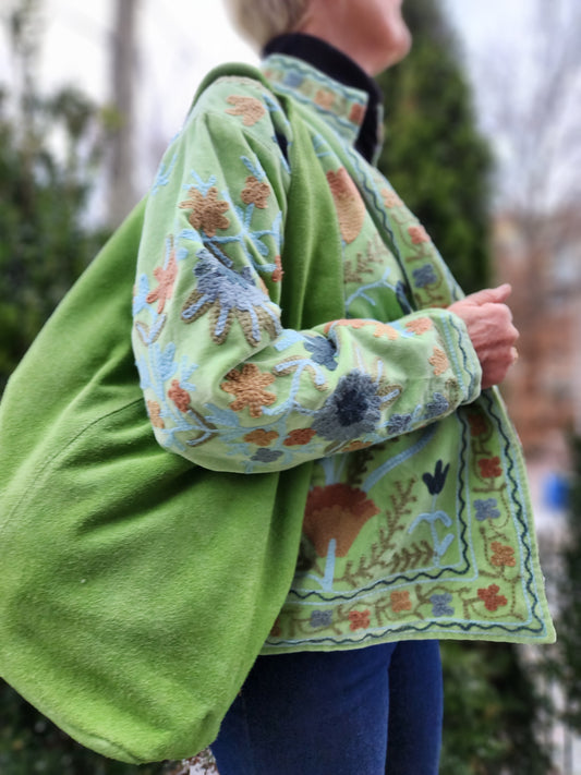 Handmade Embroidered Velvet Jacket - Light Green