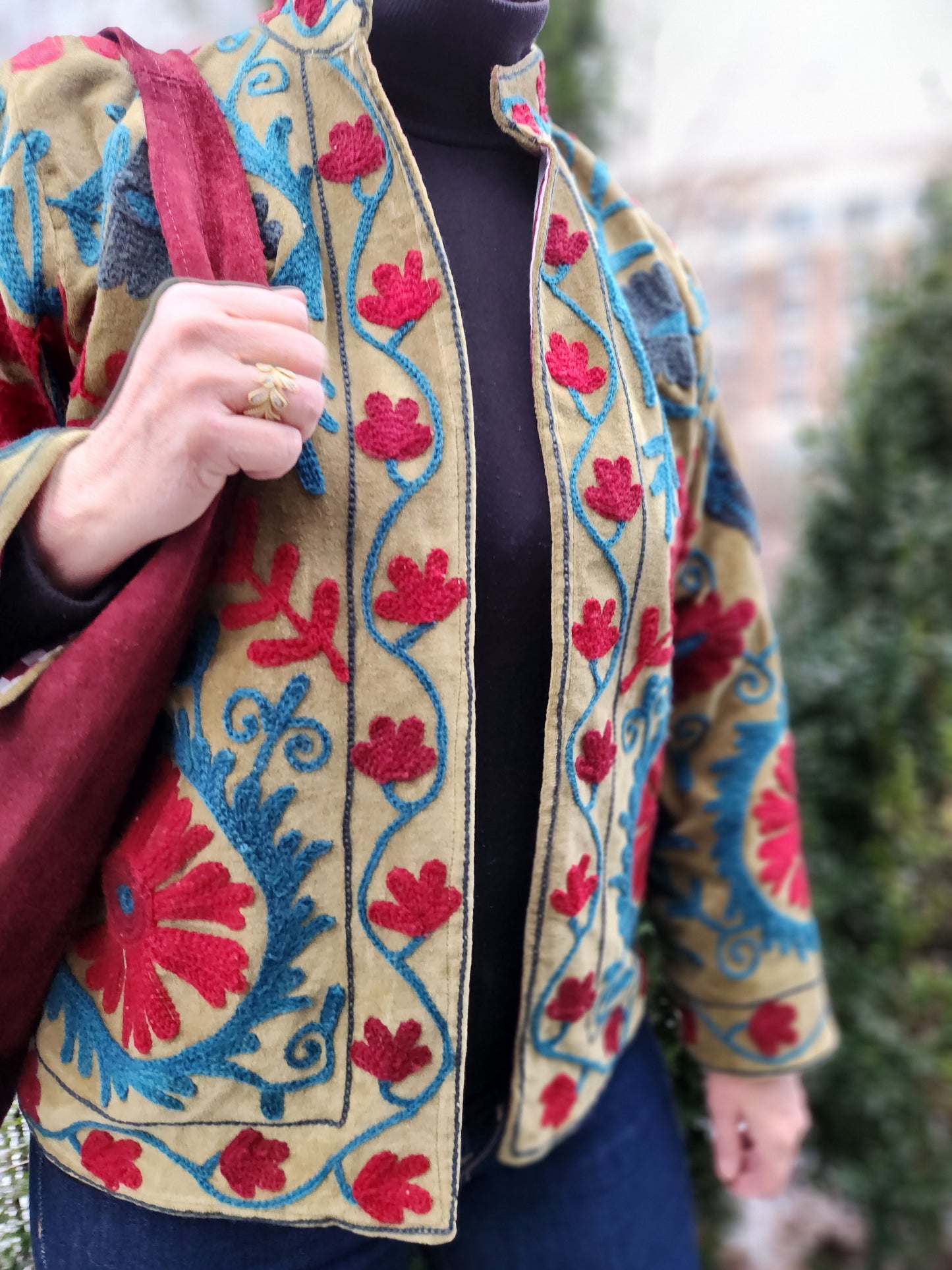 Handmade Embroidered Velvet Jacket - Green Sage-circle back