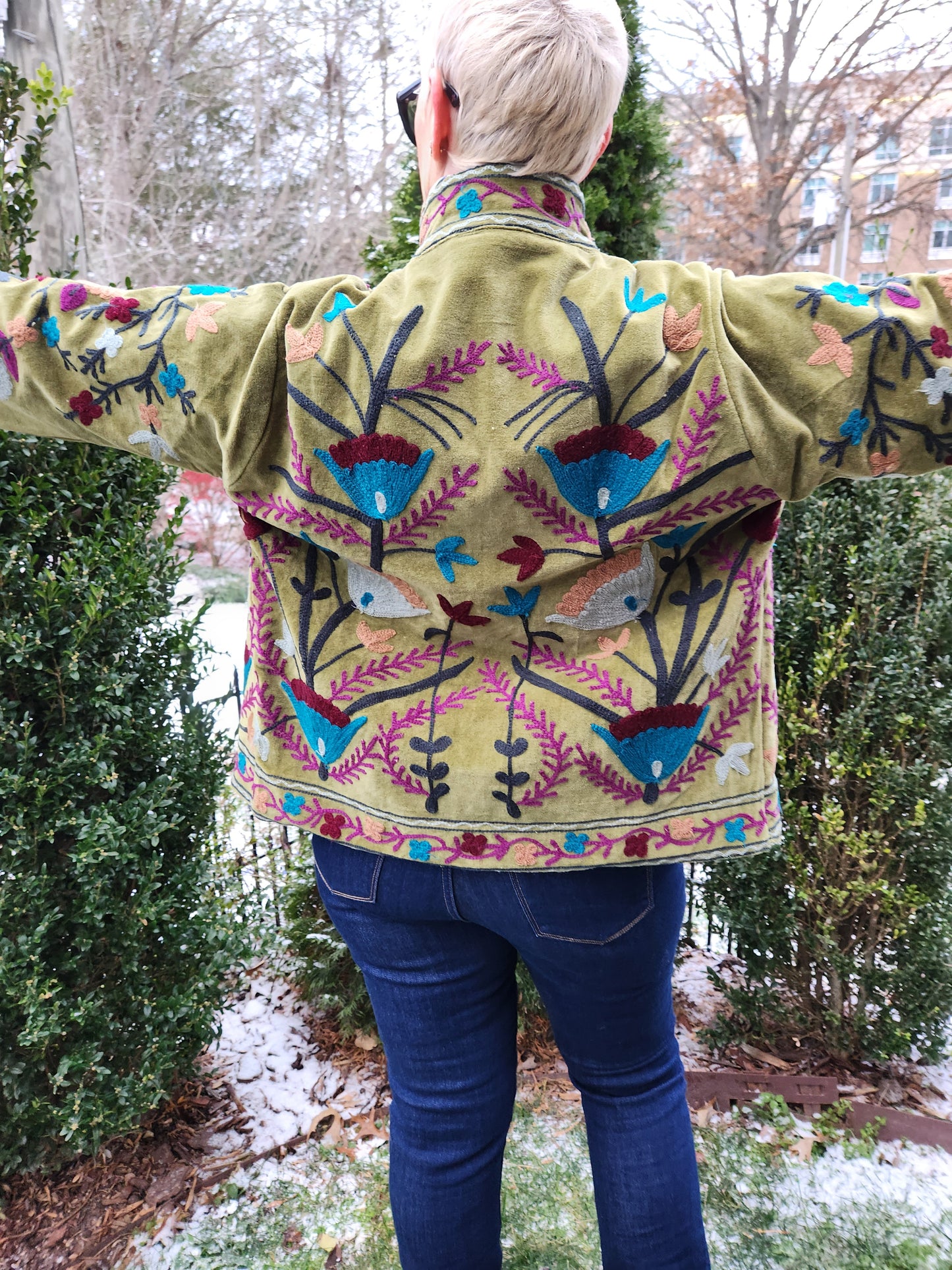 Handmade Embroidered Velvet Jacket - Green Sage-Floral Back