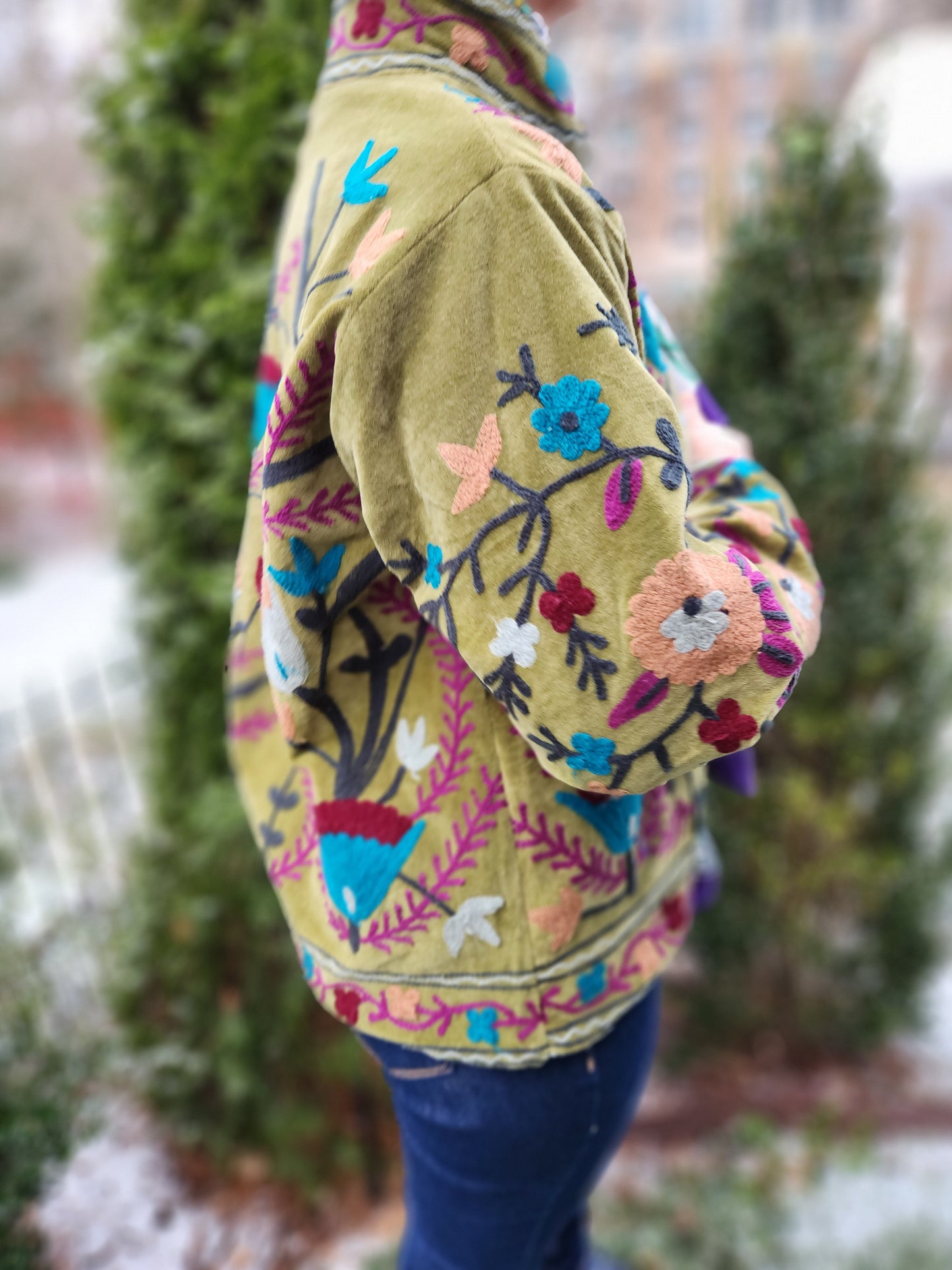 Handmade Embroidered Velvet Jacket - Green Sage-Floral Back