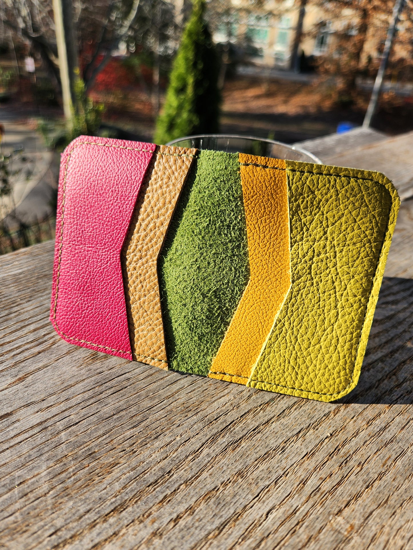 ASHEVILLE STRONG Upcycled Leather 4 Card Bi-Fold - Pink/Green/Marigold