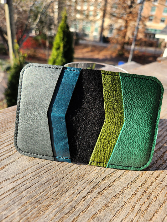 ASHEVILLE STRONG Upcycled Leather 4 Card Bi-Fold-Green/Blue/Black