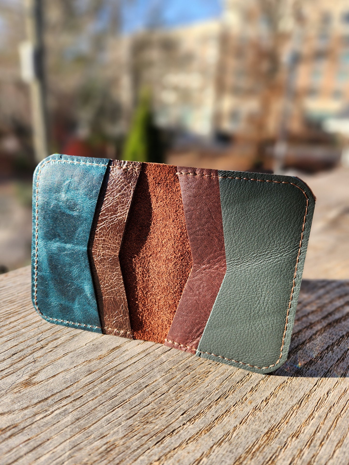 ASHEVILLE STRONG Upcycled Leather 4 Card Bi-Fold-Blue/Brown