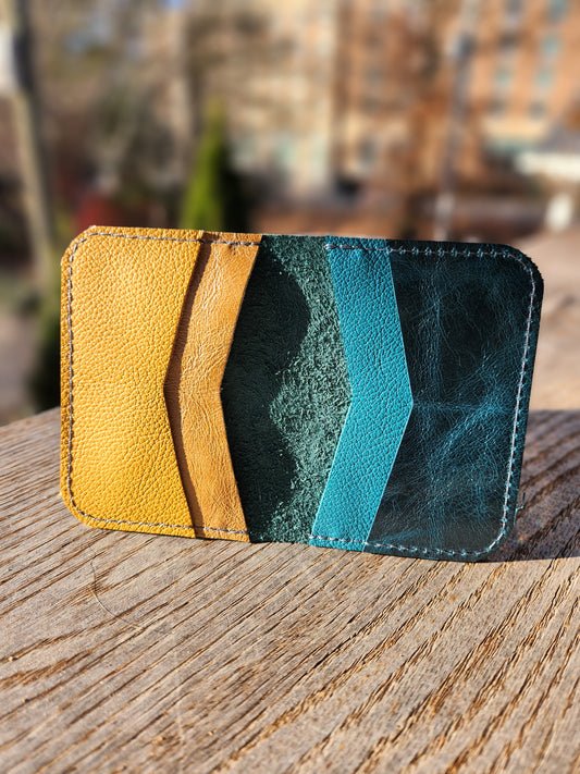 ASHEVILLE STRONG Upcycled Leather 4 Card Bi-Fold-Blue/Golden