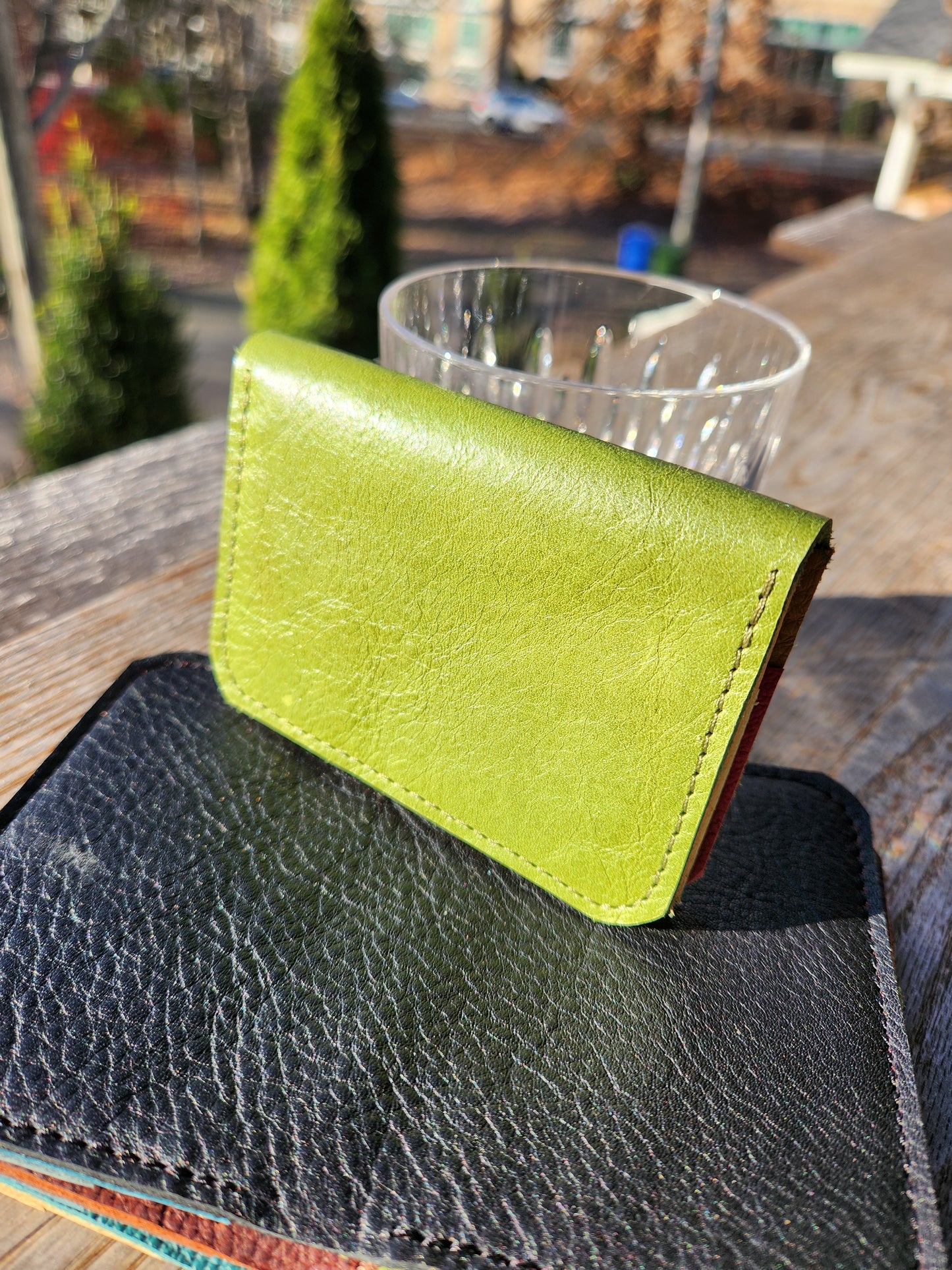 ASHEVILLE STRONG Upcycled Leather 4 Card Bi-Fold - Pink/Green/Marigold