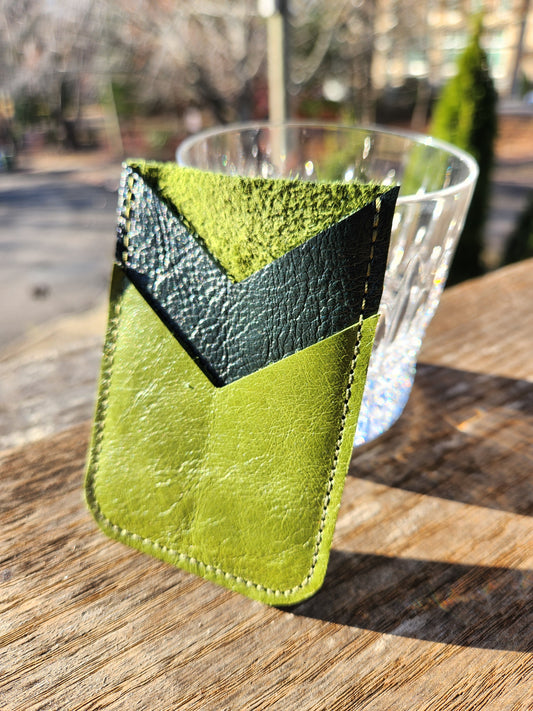 ASHEVILLE STRONG Upcycled Leather 2 Card Holder - Lime Green/Green