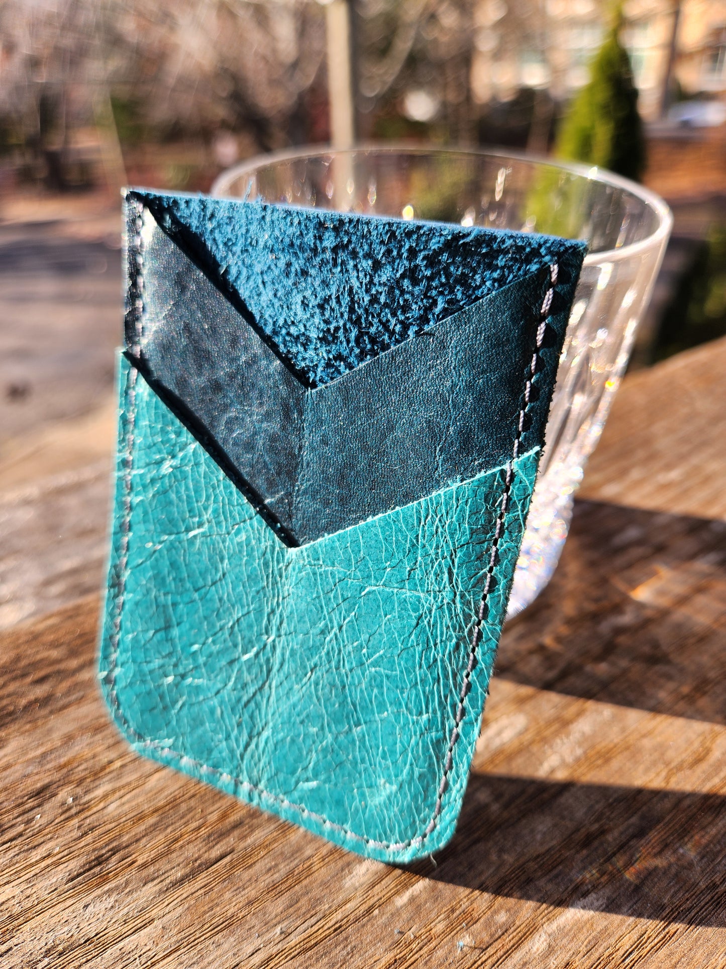 ASHEVILLE STRONG Upcycled Leather 2 Card Holder - Turquoise/Deep Blue