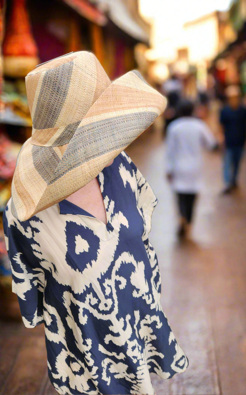 Madagascar Sun Hat Multicolor Latte Stripes  - 7 Inch Brim
