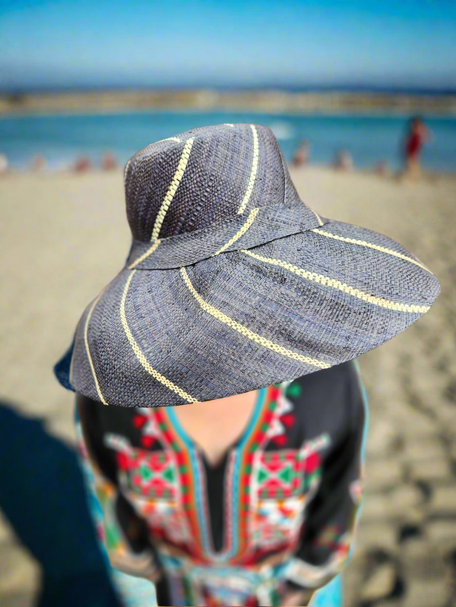Madagascar Sun Hat Multicolor Black Pinstripes  - 7 Inch Brim