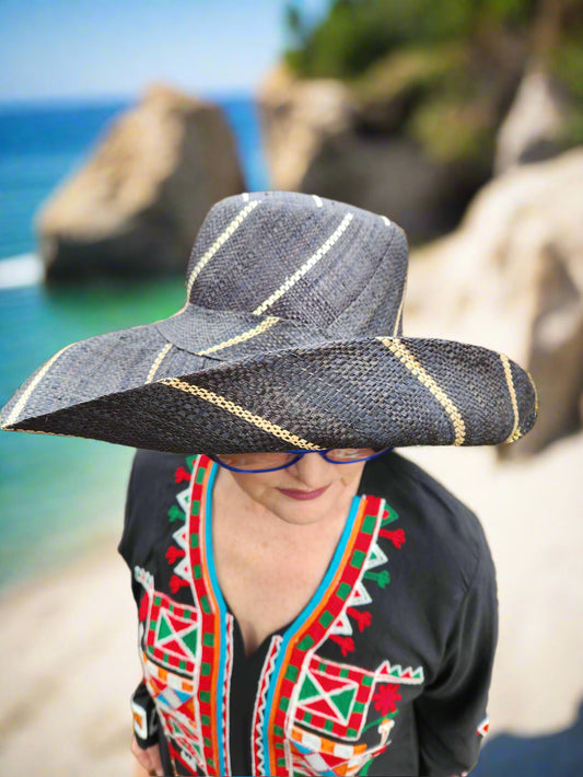 Madagascar Sun Hat Multicolor Black Pinstripes  - 7 Inch Brim