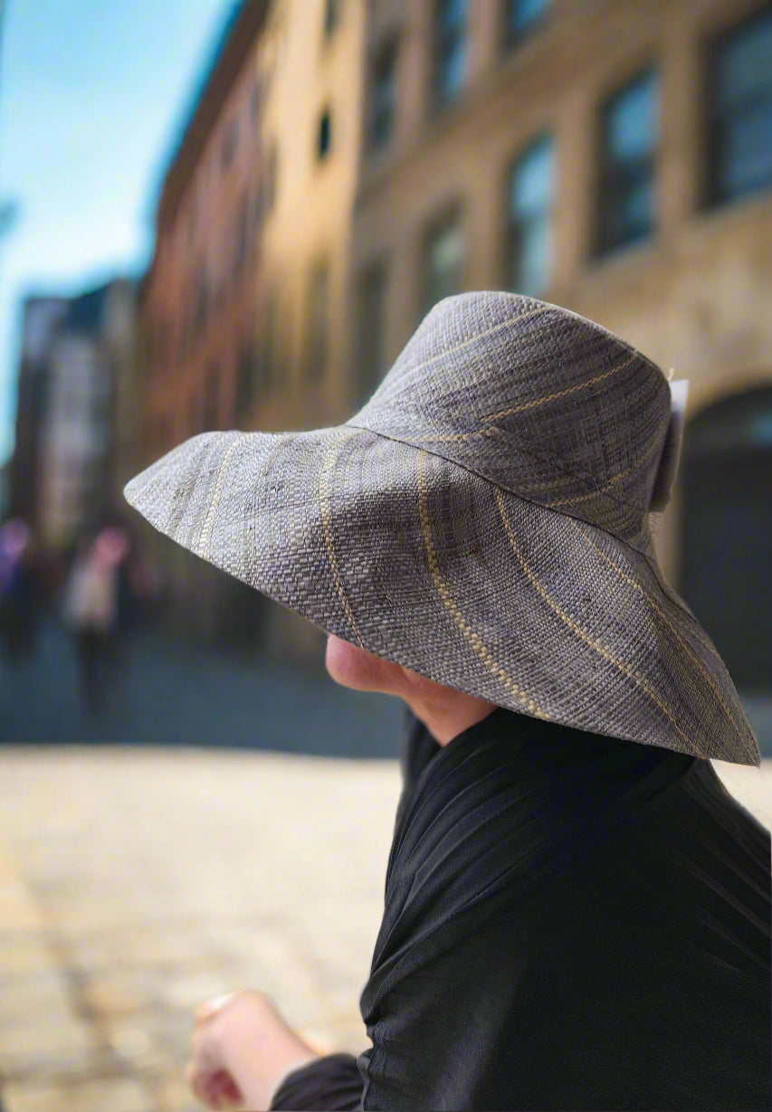 Madagascar Sun Hat Grey Pinstripes 5 Inch Brim