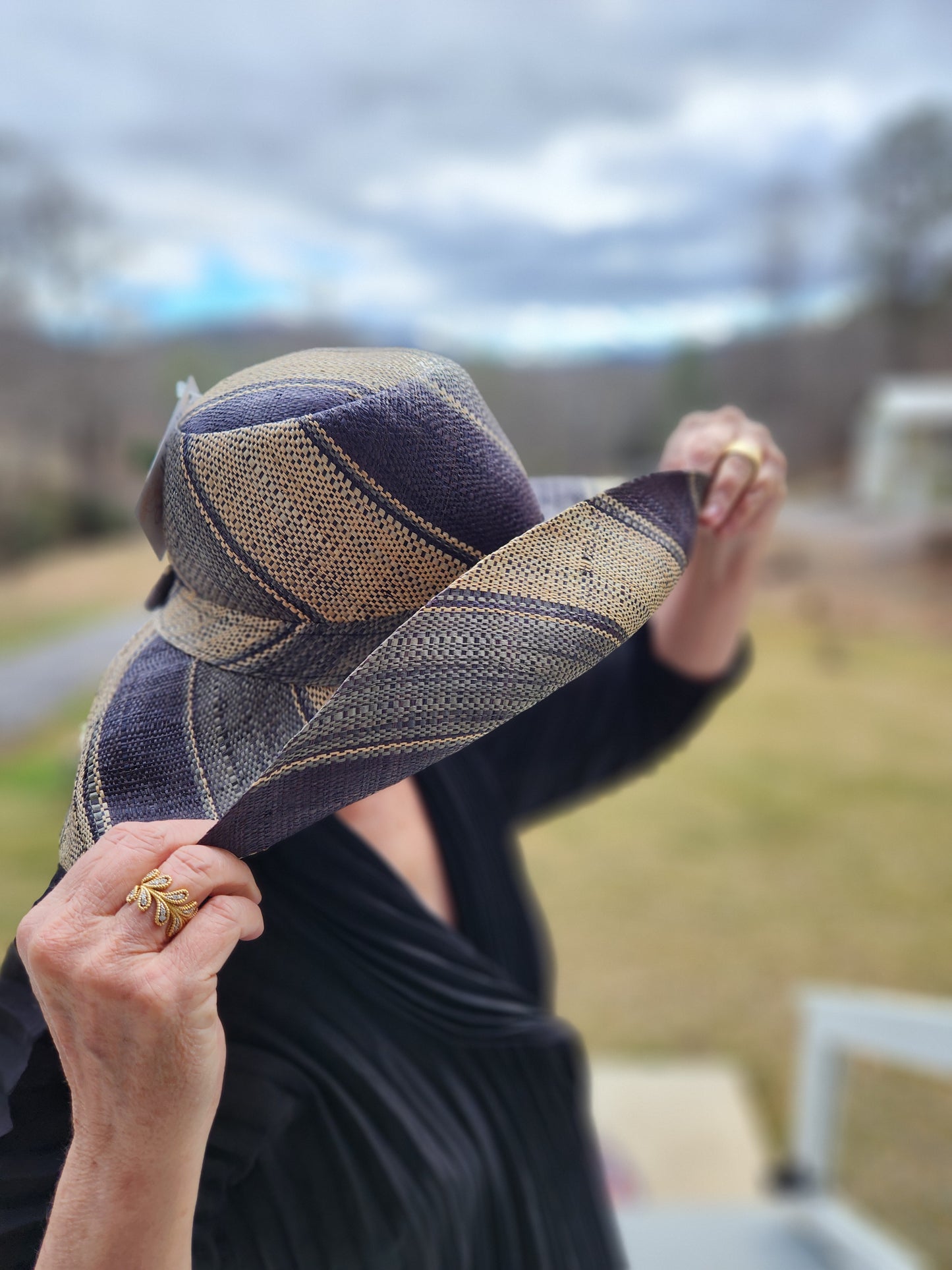 Madagascar Sun Hat Blue and Black Multicolor Stripe Swirl - 5 Inch Brim