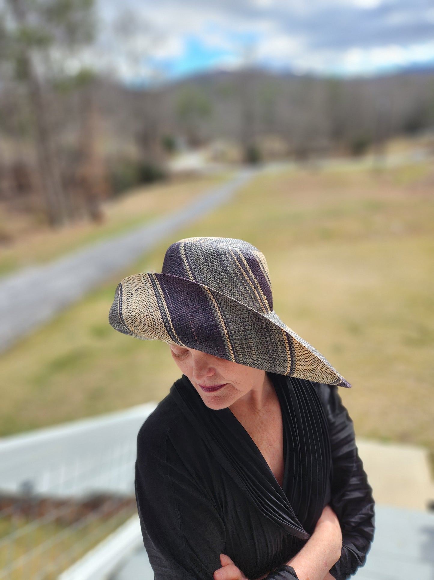 Madagascar Sun Hat Blue and Black Multicolor Stripe Swirl - 5 Inch Brim