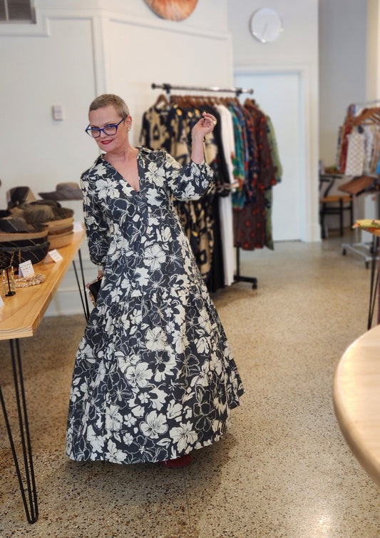 Black and Beige Block Print Floral Maxi Dress