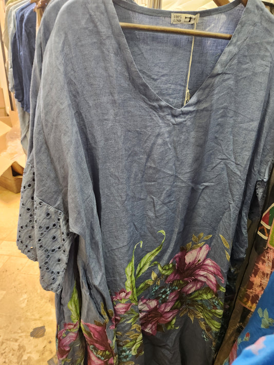 Blue floral with eyelet sleeve dress