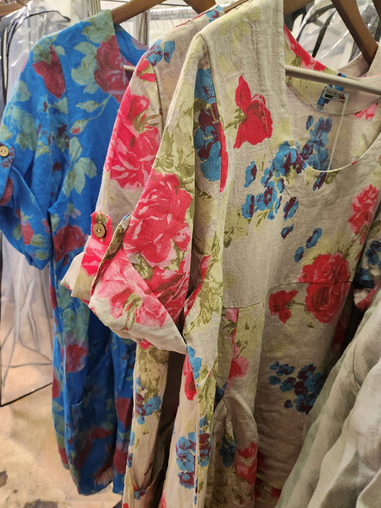 Italian Linen floral big pocket  dress