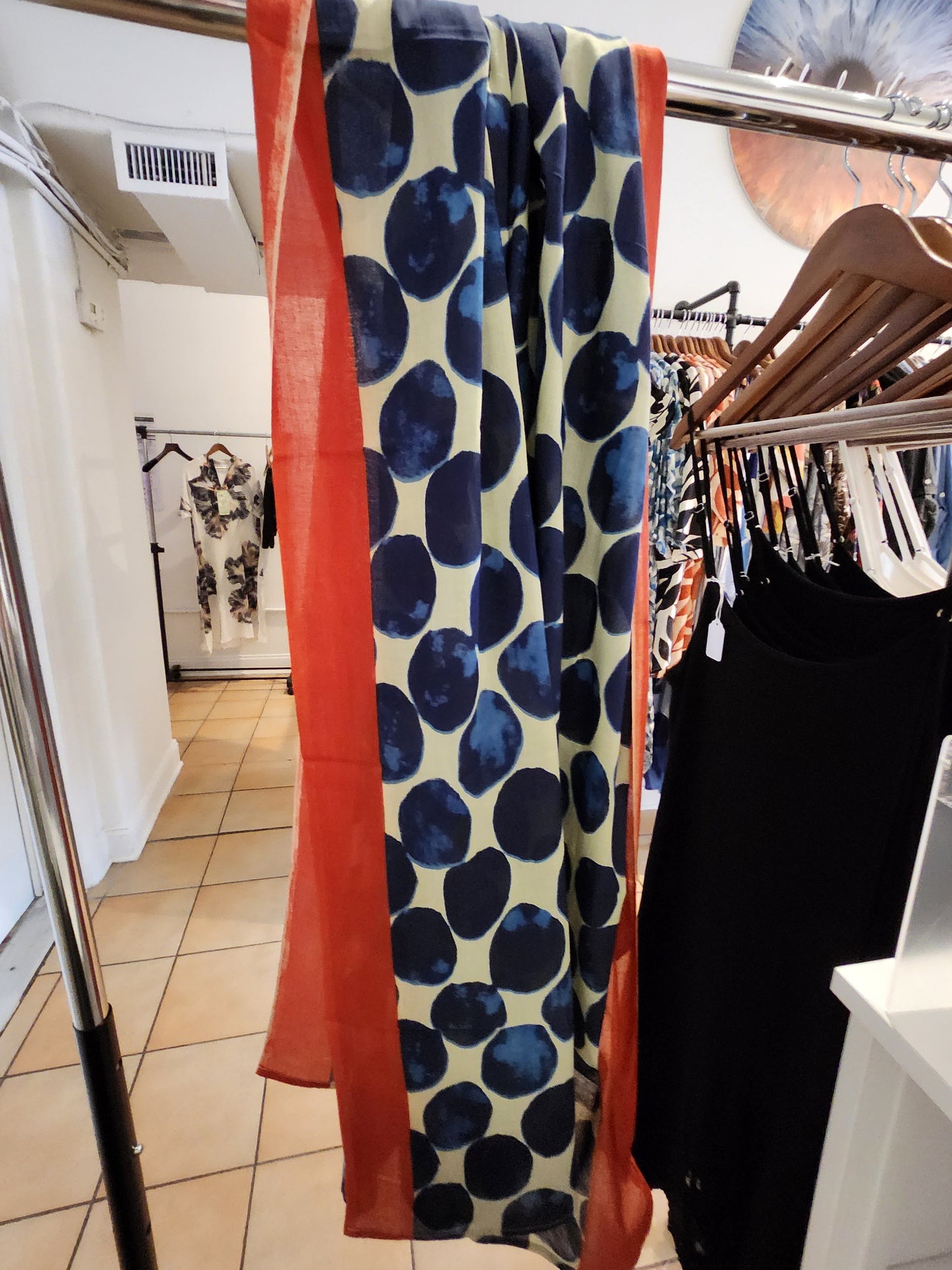 Blue polka dots red trim scarf