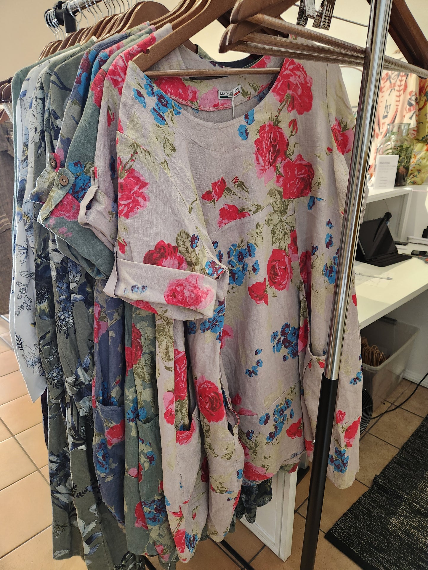 Italian Linen short floral with loose front pockets dress