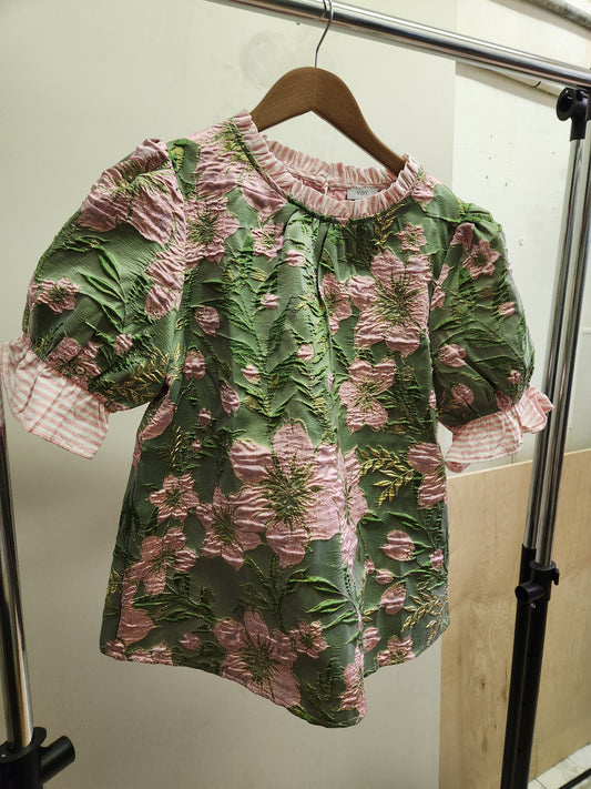 Puff Sleeve Garden Delight Brocade shirt