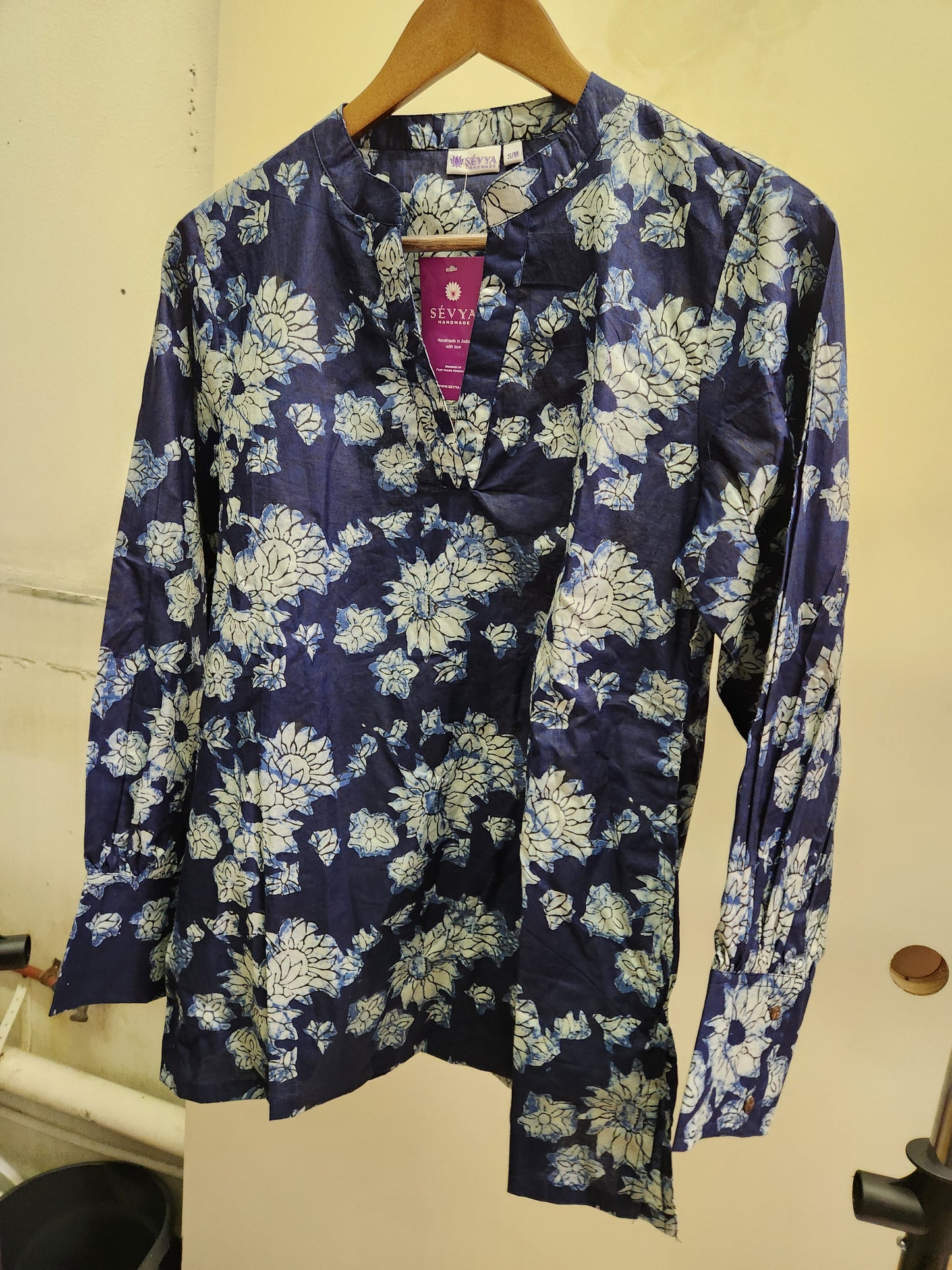 Indigo block print floral blouse