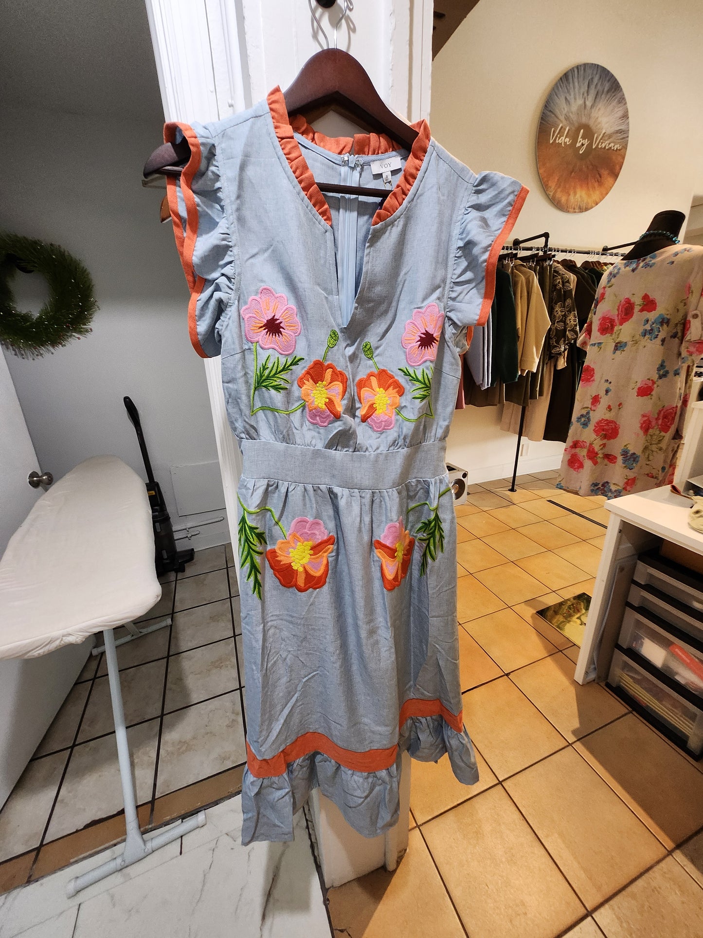 Voy embroidered denim with orange trim