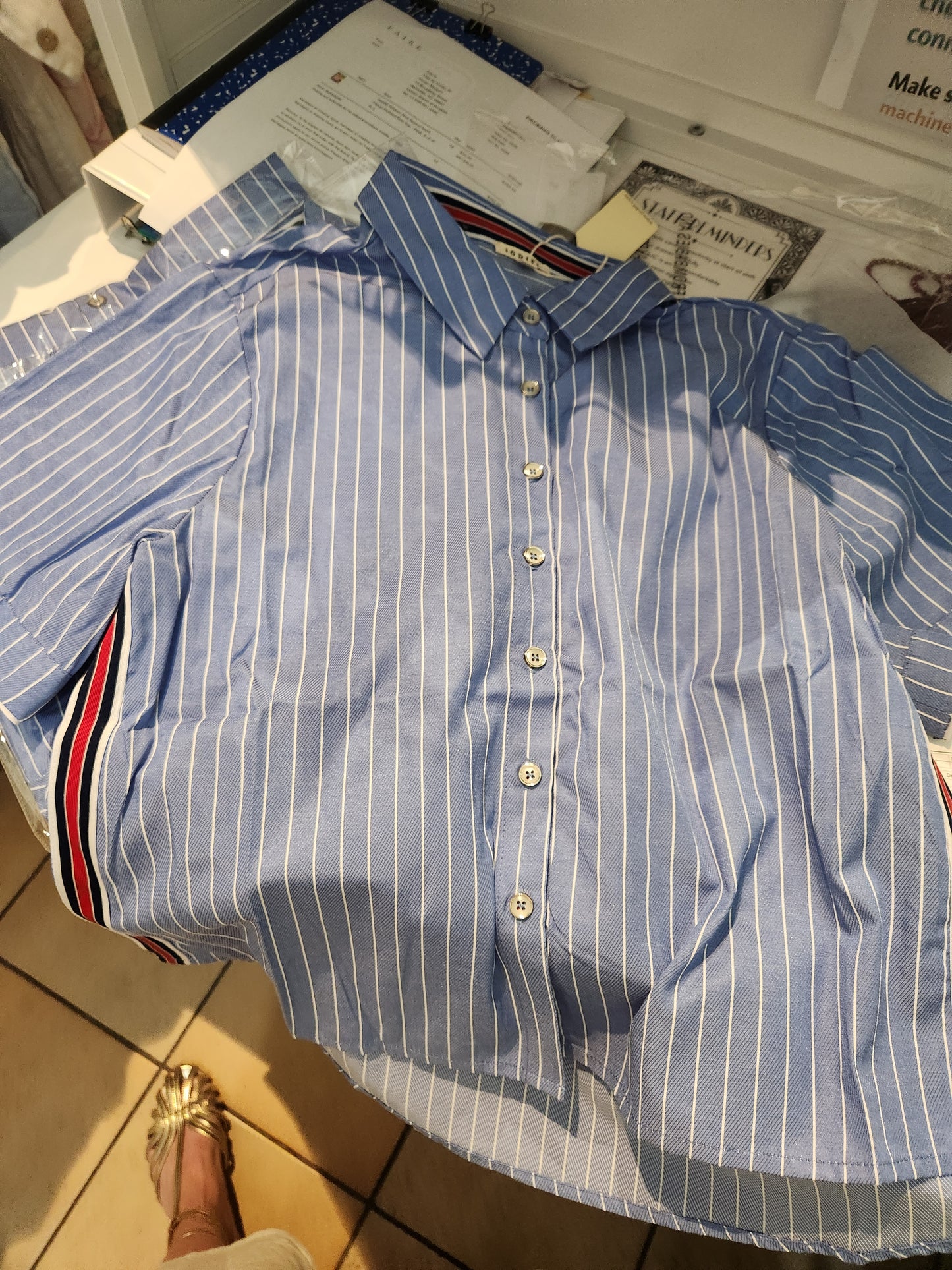 Blue pinstripe with racer stripe detail shirt