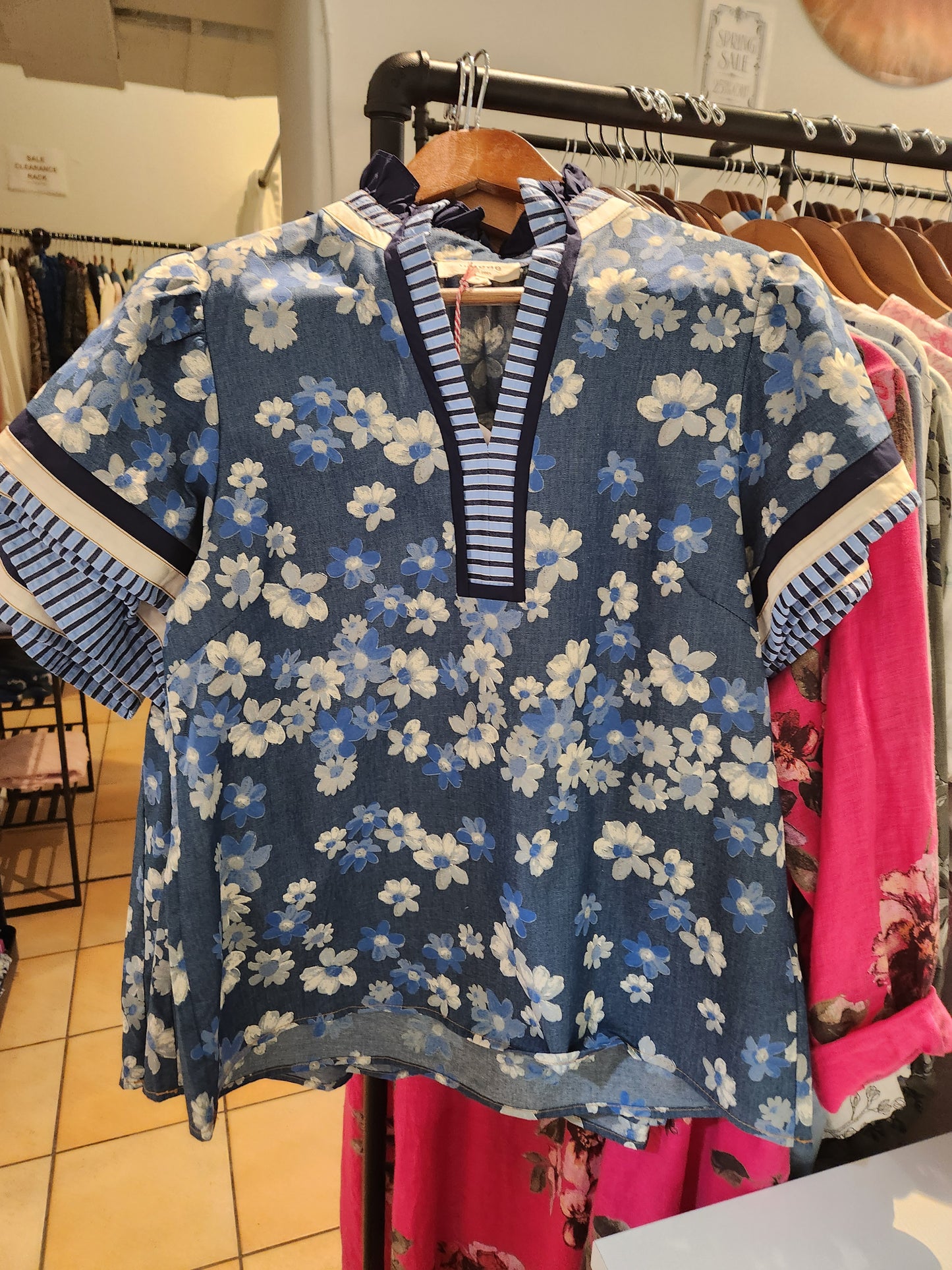 Blue floral and stripes blouse
