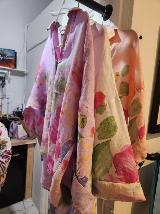 Floral  high/low long sleeve italian linen blouse