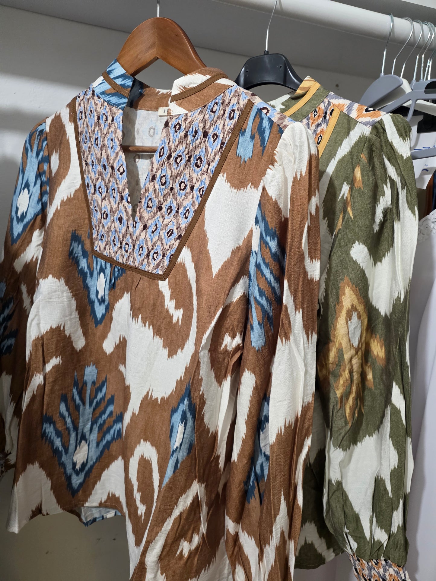 Bohemian long sleeve blouse in blues/greens