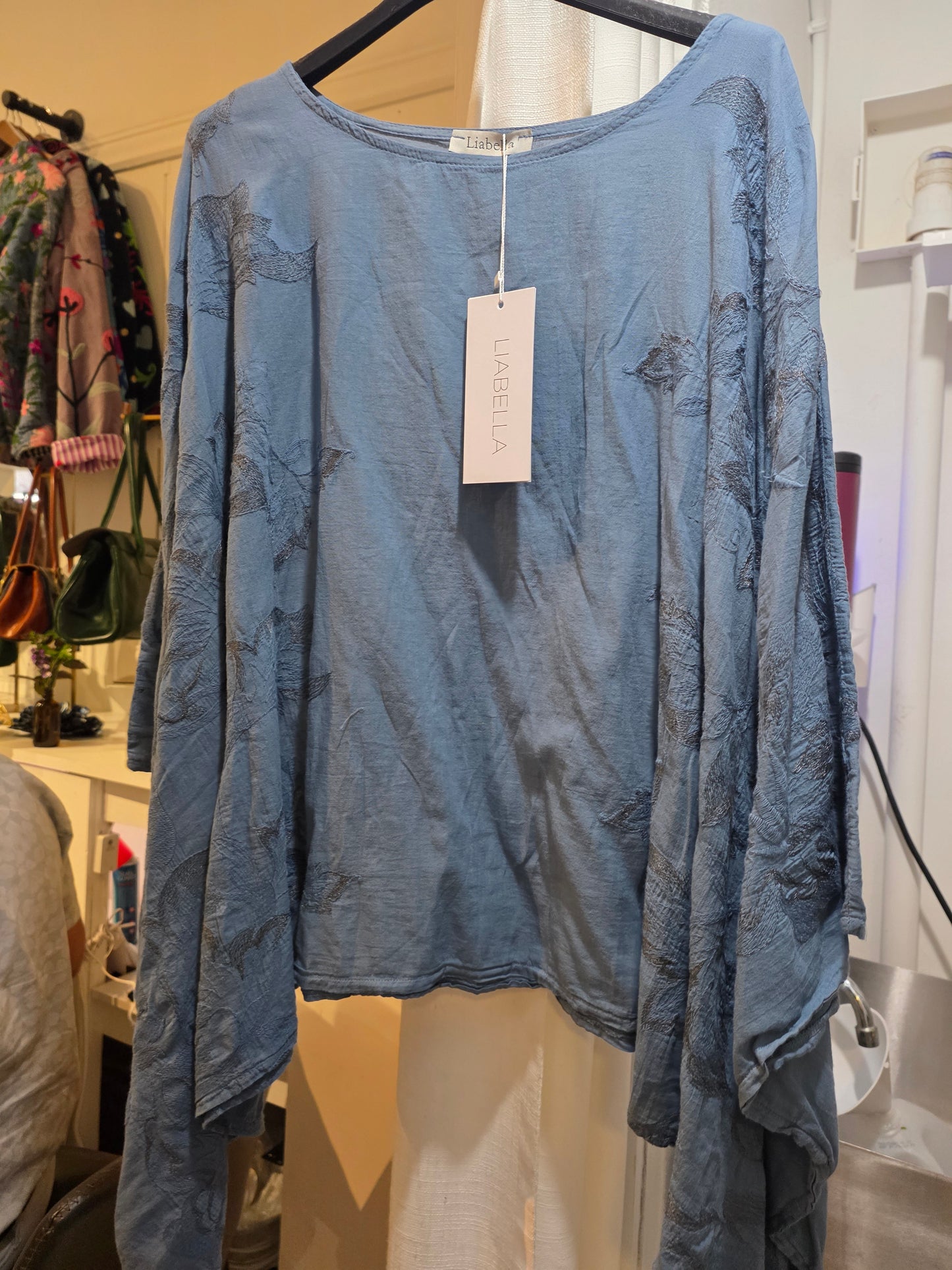 Italian linen blue bat wing blouse