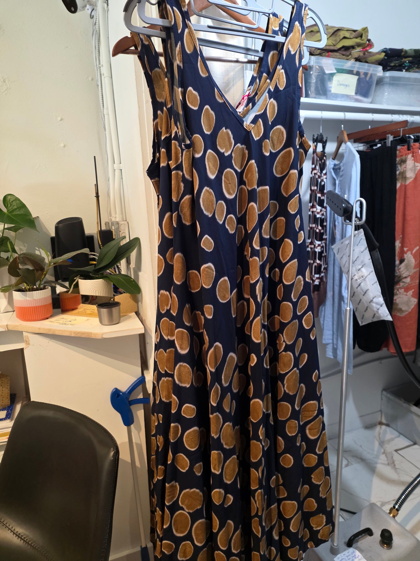 Blue and mustard abstract dot dress