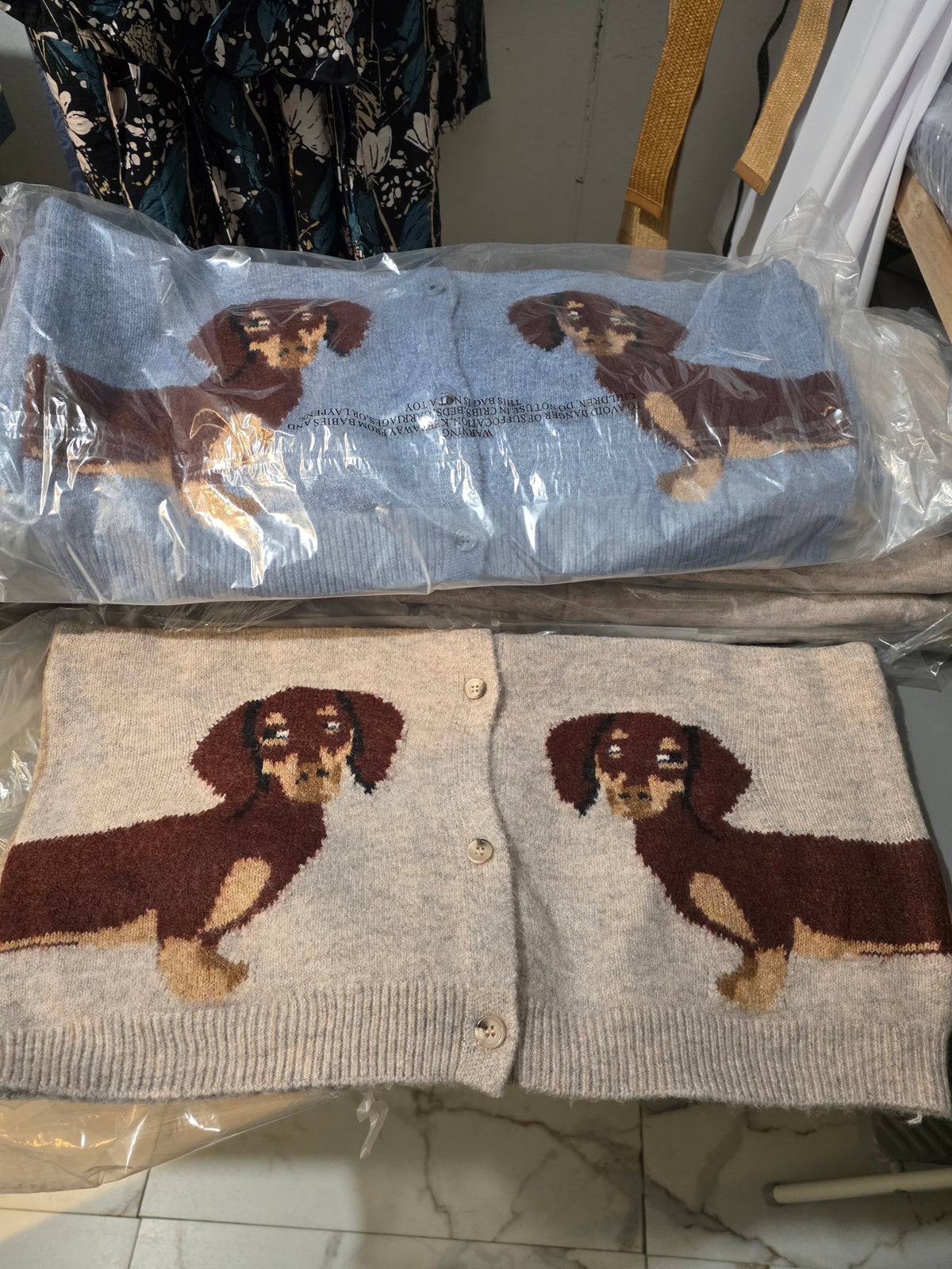 Dachshund sweater tan or blue